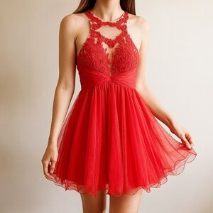 Blondie Nites Red Mesh Embroidered Halter Cutout Dress Size XS